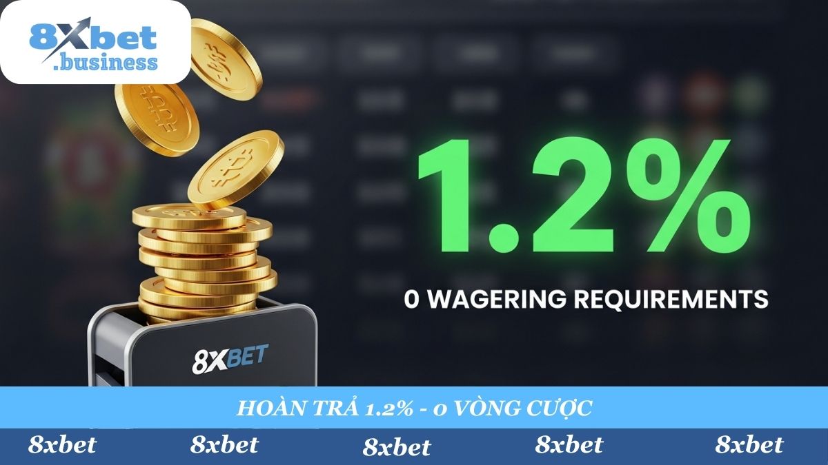 Hoàn trả 1.2% mỗi ngày, không yêu cầu vòng cược! Nhận tiền hoàn tự động vào tài khoản và rút ngay lập tức. Đây là khuyến mãi minh bạch nhất tại 8xbet.